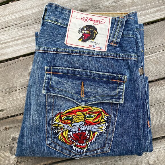 Vintage Ed Hardy Embroidered Jeans By Christian Audigier Vintage Tattoo Wear 34 - Picture 1 of 11
